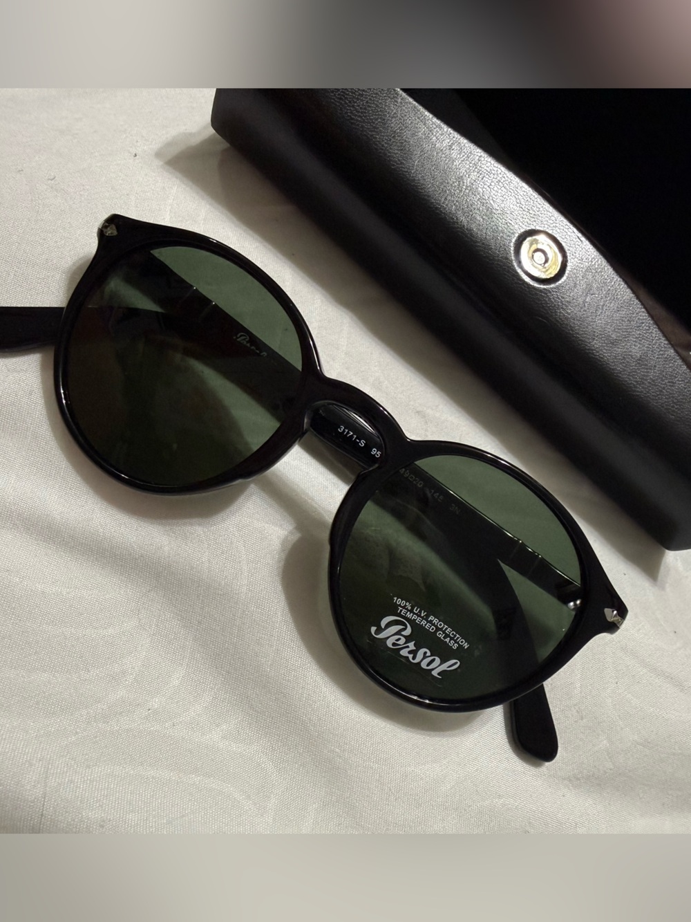 Persol Black Frame Sunglasses with Green Lenses